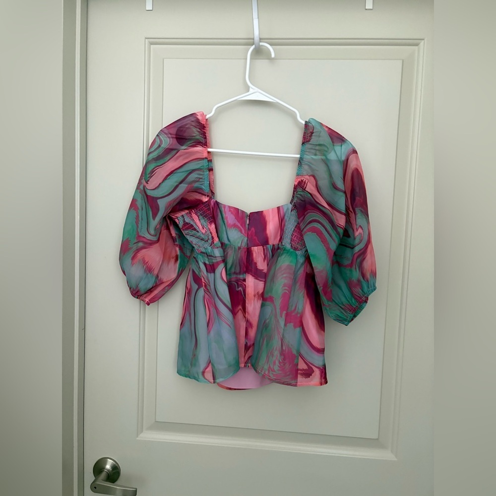 Amanda Uprichard Pink & Seafoam Marble Square-Neck Peplum Top - Picture 4 of 6